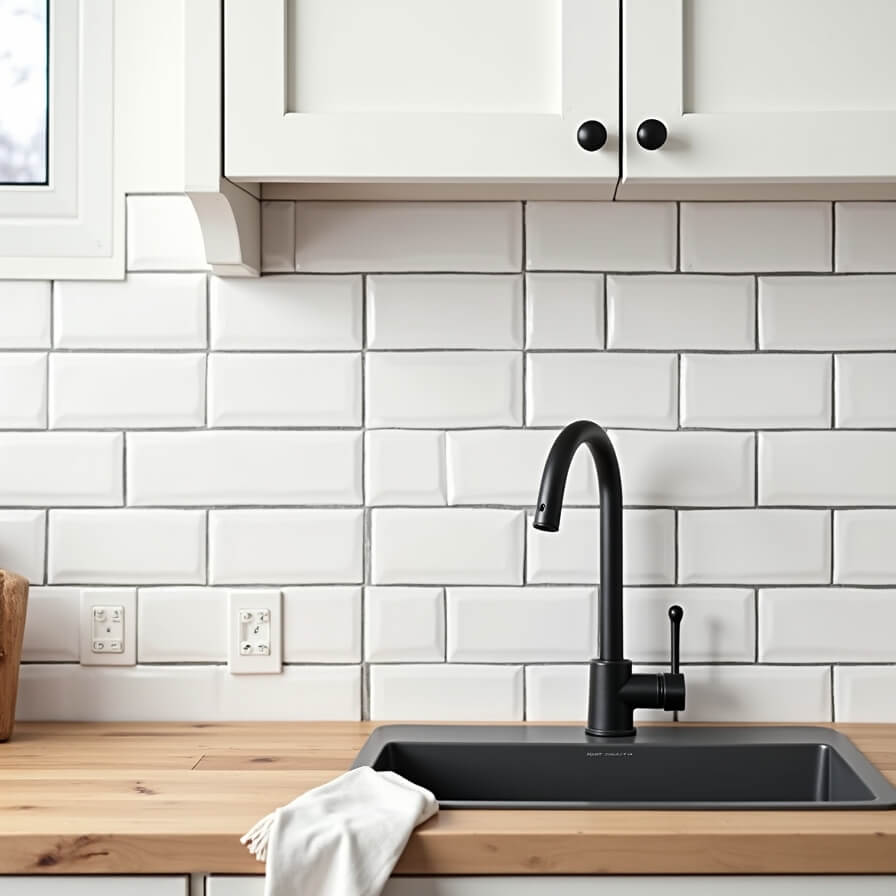 Classic White Subway Tile Farmhouse Backsplash With Dark Grout